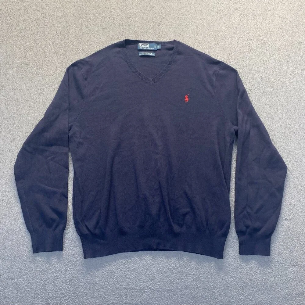 Polo Ralph Lauren Sweater Mens Size XL Blue V-Neck Pima Cotton Knit Pullover